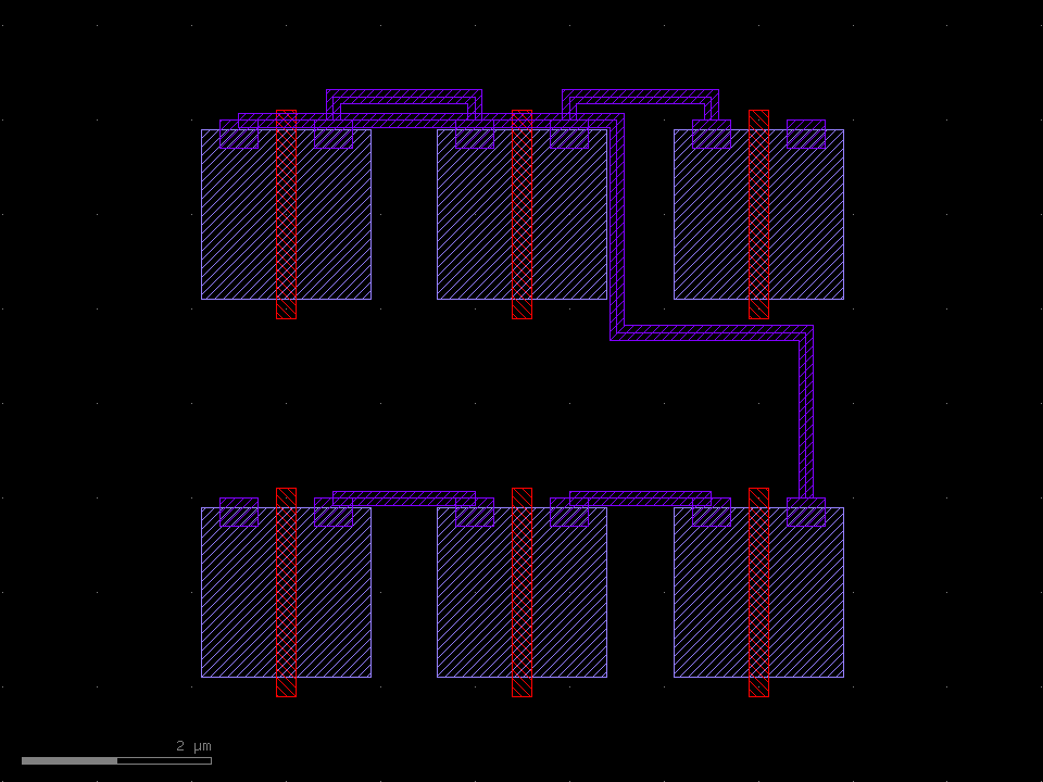 Six cells placed in two rows with auto-routed M1 nets